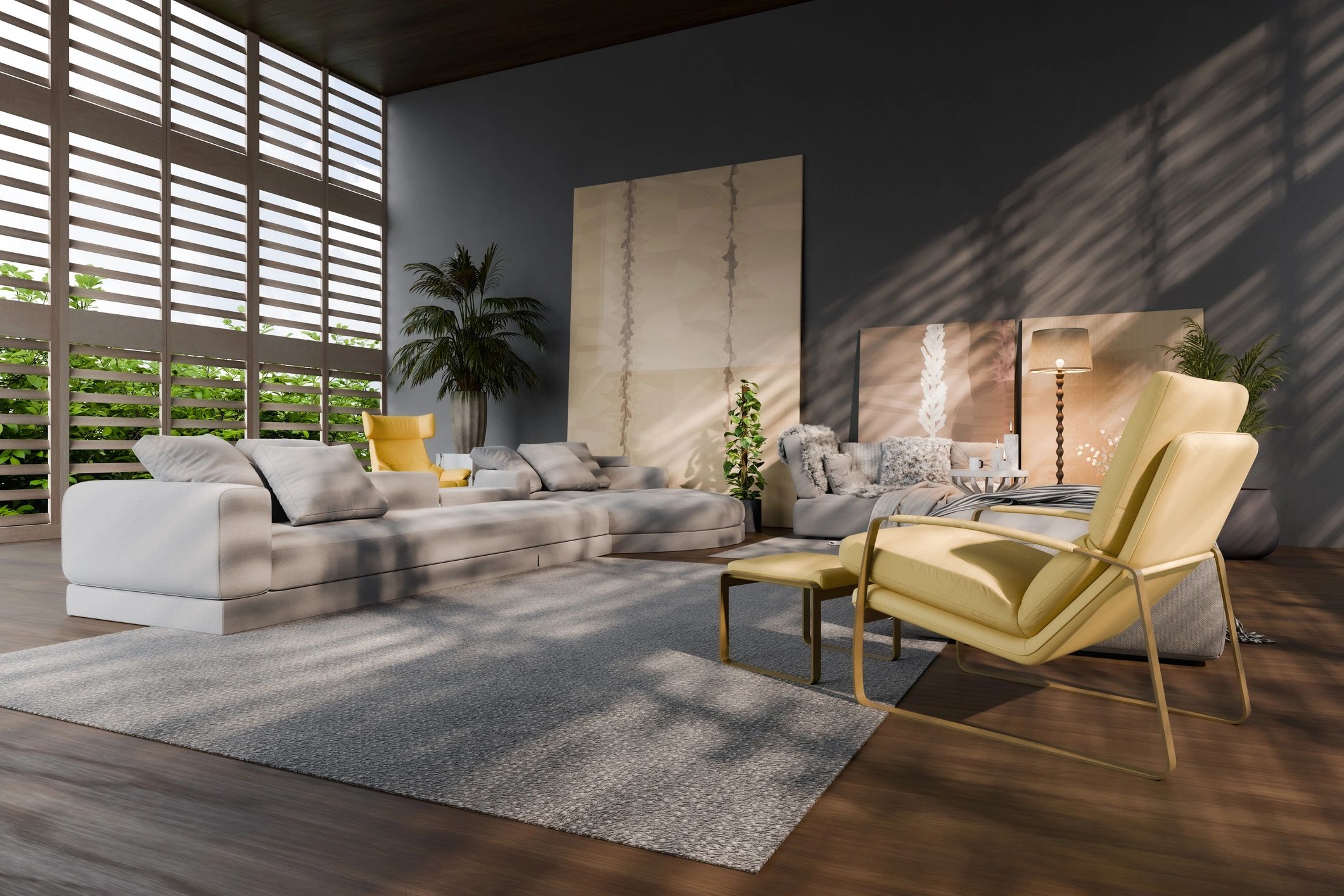 Moody interior living room with artwork and warm shadows