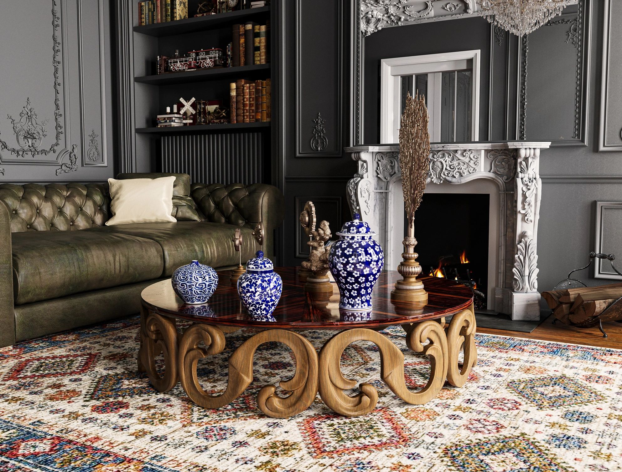 Elegant living room with warm, moody lighting