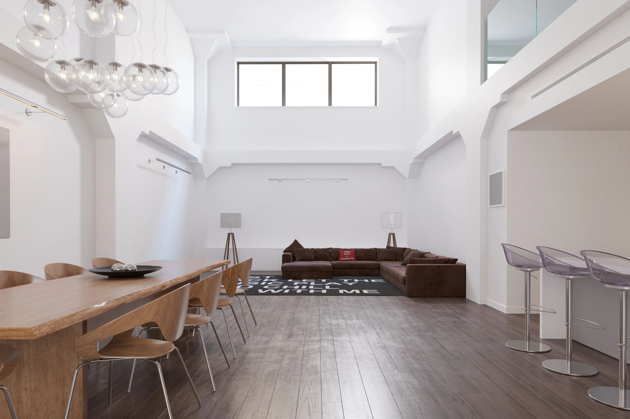 Interior of a spacious modern loft apartment with an open plan living and dining area. Contemporary furniture and minimalist design in a luxury home. 3d rendering real estate concept