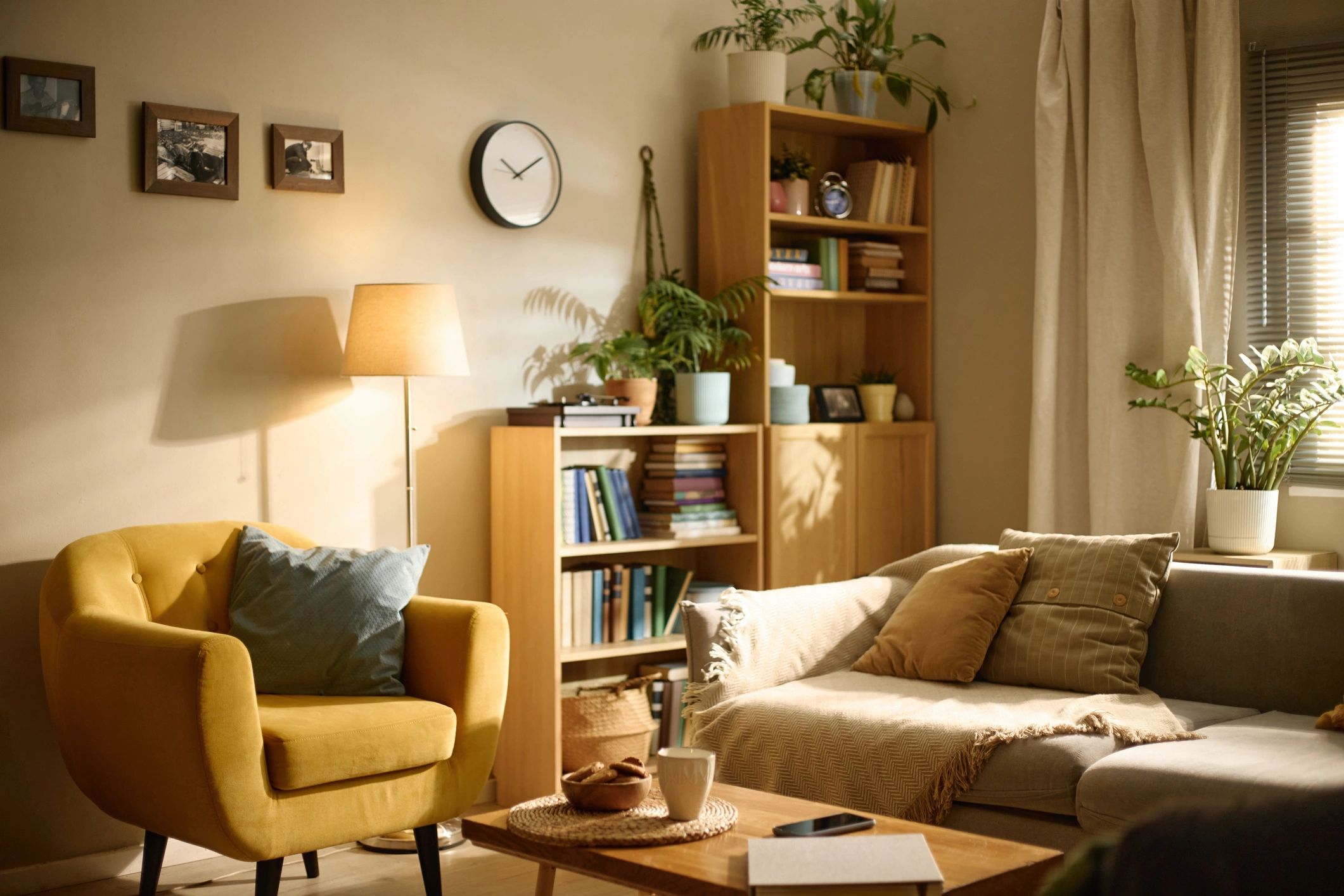 Warm residential living room interior with clean styling