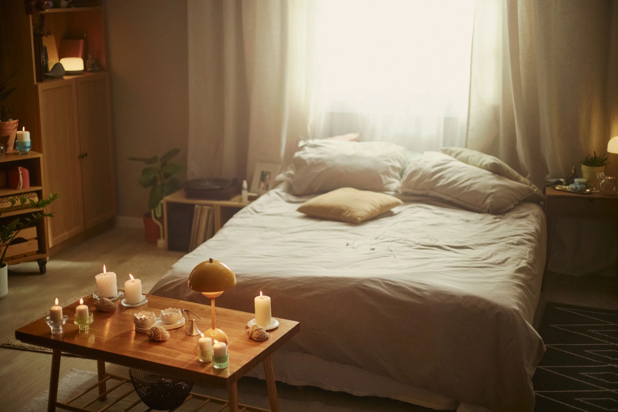 Cozy bedroom interior with soft textures